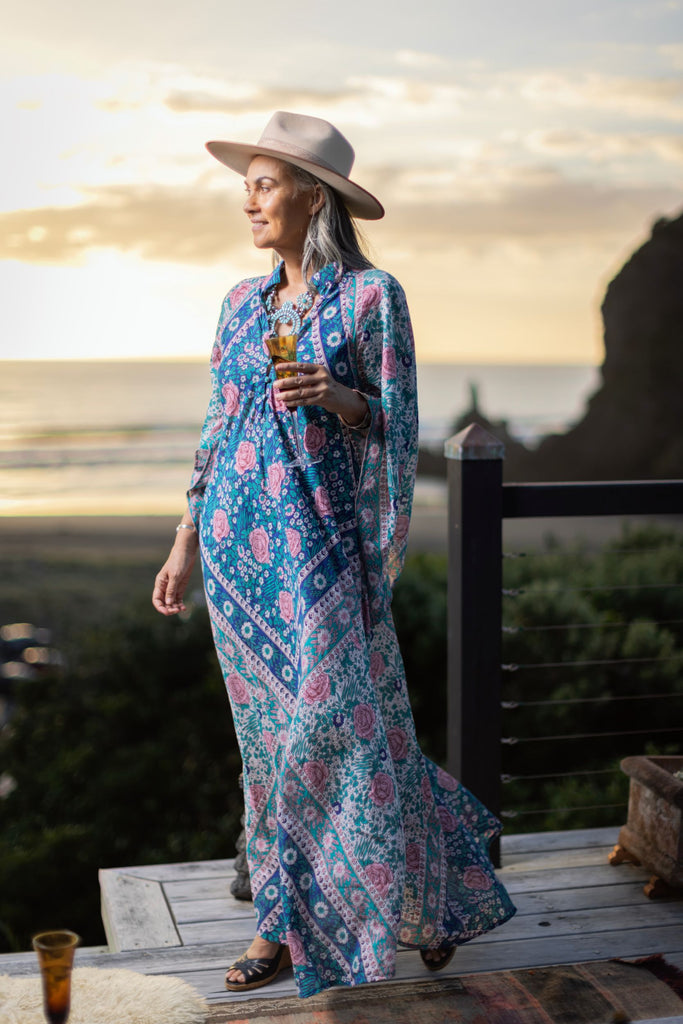 Bed of Roses Kaftan - Blue with Green - on model