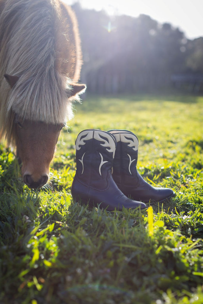 Horse grazing with a pair of black leather cowboy boots on grass