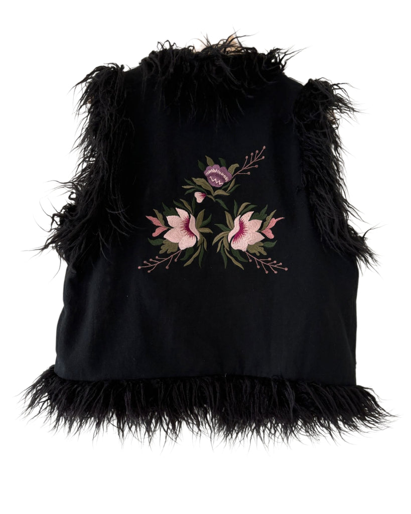 Lightweight faux fur vest with rose embroidery and silk lining – one of a kind