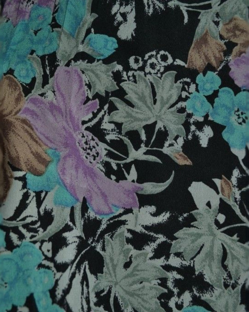 Detail of vintage silk sari lining in purple, teal, and taupe floral – Twilight Garden print close up